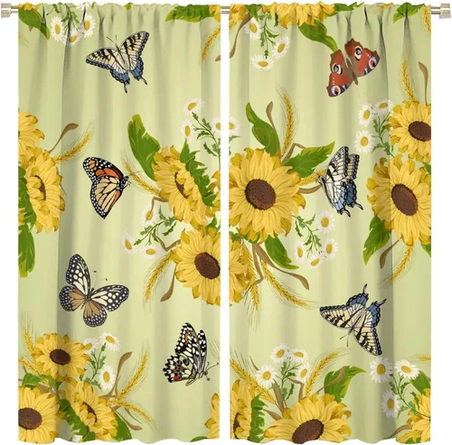 Miniatura 33 de Cortinas opacas de girasol, diseño natural, de granja, floral, con bolsillo para barra, para ventana, para dormitorio, sala de estar, 42 x 45