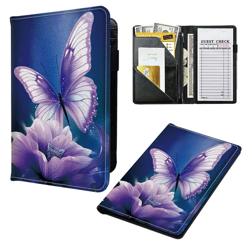 Miniatura 33 de Libros para camarera, cartera de cuero con bolsillo con cremallera, 7 bolsillos de almacenamiento para recetas y cheques, soporte para bolígrafos