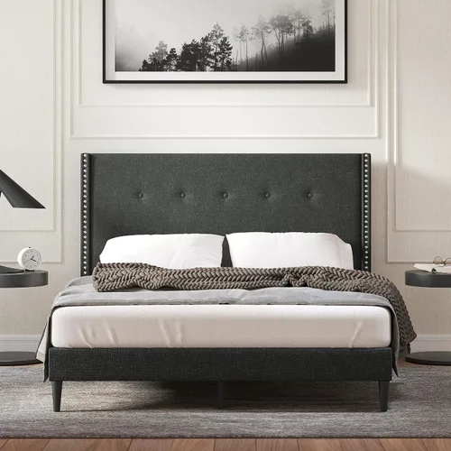 Miniatura 9 de Glenwillow Home MCM - Marco de cama con plataforma tapizada, botón con ribete de cabeza de clavo, respaldo de ala, base de colchón, no necesita Beige