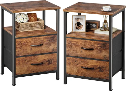 Miniatura 18 de Huuger Mesita de noche con 2 cajones, mesa auxiliar de cama con estante abierto, parte superior de madera, mesita de noche para dormitorio, mesa