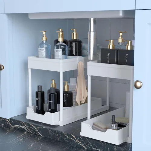 Miniatura 7 de Organizador para debajo del fregadero, paquete de 2, organizador de baño extraíble, organizador de baño y cocina deslizable de 2 niveles