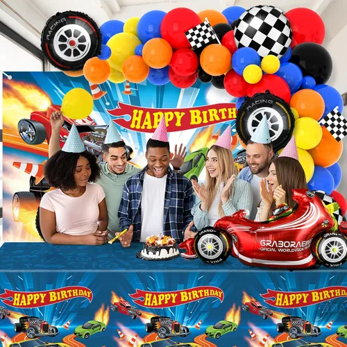 Miniatura 7 de 134 piezas de suministros de fiesta de cumpleaños de coches de carreras, guirnalda de globos, kit de arco de telón de fondo, mantel de camión