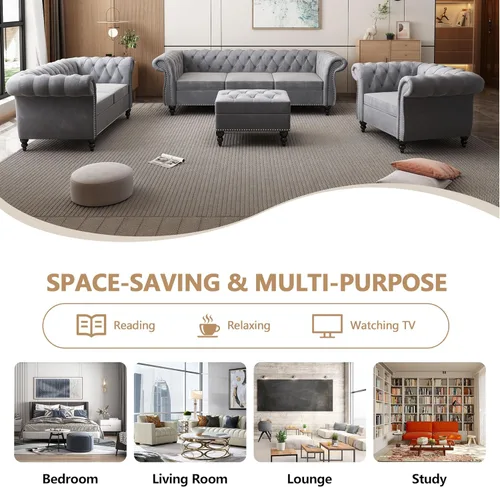Miniatura 6 de QHITTY Sofá de Acento, Sofá Biplaza Chesterfield Moderno de Terciopelo, Sofá Tapizado con Respaldo Capitoné para Muebles de Sala de Estar (Gris)