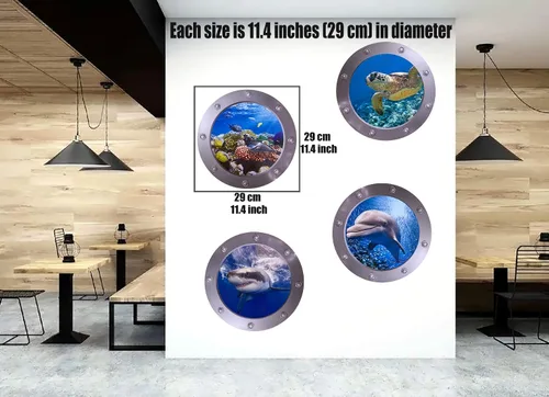 Miniatura 2 de Calcomanías adhesivas redondas 3D para ventana de ojo de buey de 11 pulgadas, tema oceánico (tortuga marina, tiburón, delfín), calcomanías vinuales