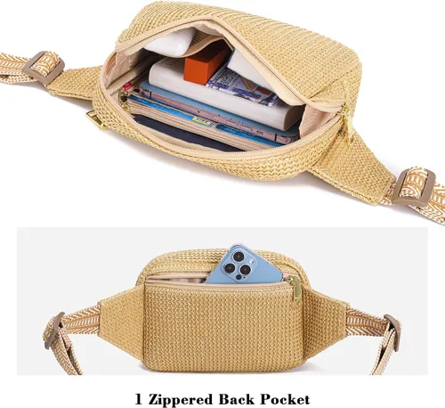 Miniatura 7 de Riñonera de verano de paja con bloqueo RFID para mujer 2025, bolsa cruzada con correa ajustable, Negro (Boho Black)