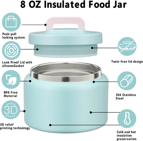 Miniatura 5 de JXXM Tarro térmico de 8 onzas para alimentos fríos y calientes para niños, recipientes aislados para el almuerzo, tarro de comida caliente, a prueba