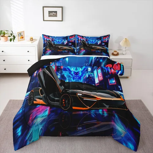 Miniatura 20 de Feelyou Juego de edredón azul de carreras para niños, juego de ropa de cama de coche deportivo para niños y niños, edredón deportivo geométrico a