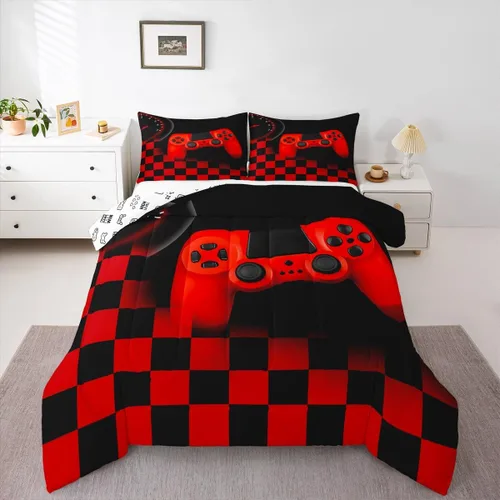 Miniatura 26 de Juego de edredón de videojuegos para niños, niñas y hombres, juego de ropa de cama con estampado de consola de videojuegos negro, decoración