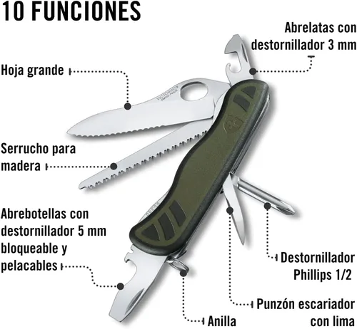 Miniatura 6 de Victorinox - Cuchillo suizo para soldado 08, 10 funciones, color oliva/negro Large one-handed lock blade with wavy edge, wood saw, screwdrivers