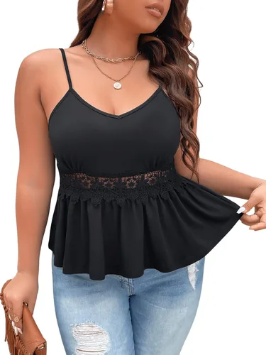 SOLY HUX Camisola casual para mujer, talla grande, con ribete de encaje, dobladillo con volantes, tirantes delgados