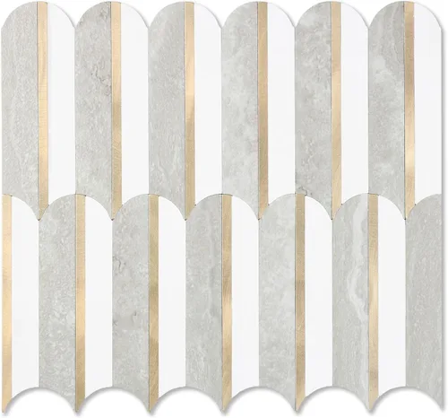 Miniatura 13 de 10 hojas de escamas de pescado para despegar y pegar para azulejos de pared de cocina, 12 pulgadas, mármol marrón, mezcla de metal dorado, azulejos