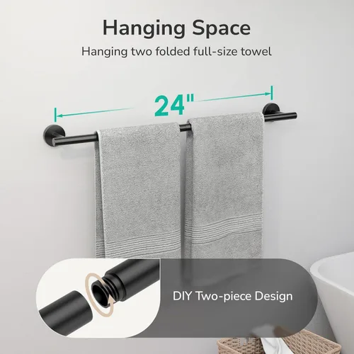 Miniatura 4 de USHOWER Toallero negro mate, toallero de 24 pulgadas para baño montado en la pared, barra de toalla gruesa de acero inoxidable SUS304, decoración