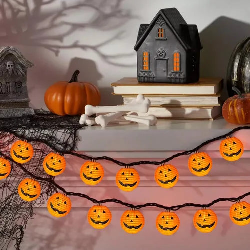 Miniatura 6 de Luces de calabaza de Halloween para exteriores, 2.6 m enchufables, luces de cadena naranjas para decoración de Halloween con 10 luces LED de Jack O