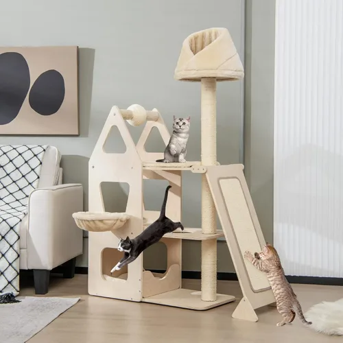 Miniatura 10 de Tangkula Árbol de madera para gatos de interior, centro de actividades de torre para gatos de varios niveles de 55 pulgadas con hamaca, condominio