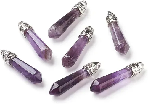 Miniatura 8 de FASHEWELRY 12 piezas dijes de amatista en forma de bala, cristales hexagonales de chakra, dijes de cuarzo puntiagudo con asa de aleación de platino