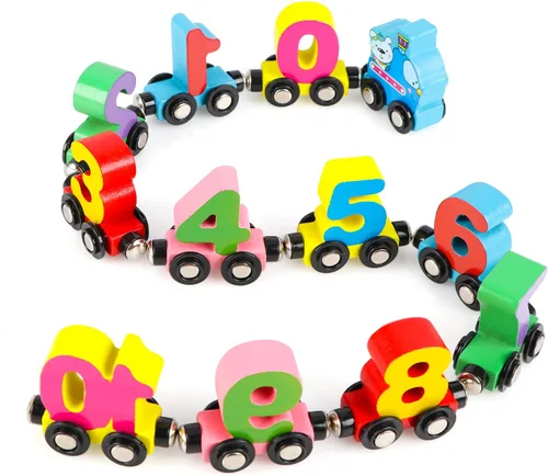 Wondertoys Juego de 12 piezas de tren de madera con números de juguete, incluye 1 motor de autos para niños y niñas, compatible con las principales