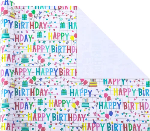 Miniatura 2 de Miss DuiDui Rollo de papel de regalo de feliz cumpleaños, 17 pulgadas x 32.8 pies, texto colorido diseño de feliz cumpleaños, embalaje de regalo