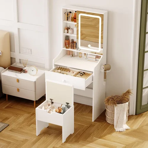 Vabches Tocador de Maquillaje Pequeño de 24.4 pulgadas con Espejo y Luces, 3 Modos de Iluminación Ajustables, Juego de Tocador Compacto Blanco con