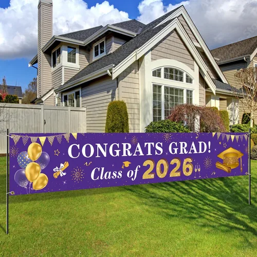 Miniatura 8 de Decoraciones de graduación 2026 Congrats Grad Class of 2026 - Cartel de graduación granate y dorado para patio, decoraciones colgantes