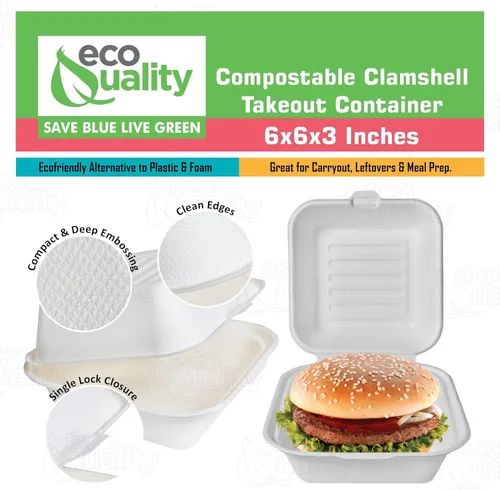 Miniatura 5 de Recipientes de comida para llevar con cubierta cuadrada compostable con bisagras de 6x6,Contenedores desechables para llevar, contenedores