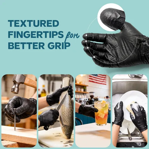 Miniatura 3 de Comfy Package Guantes de nitrilo negros RESISTENTES de 6 mil, resistentes a químicos, sin látex y sin polvo, con yemas texturizadas, guantes