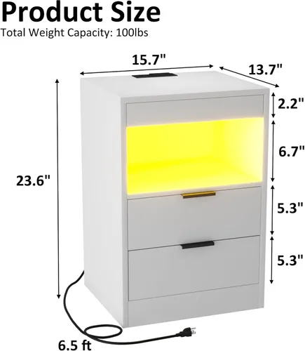 Miniatura 2 de Gadroad - Mesita de noche LED con estación de carga, mesa de noche con 3 cajones y luces LED, mesa auxiliar de sofá con estante extraíble