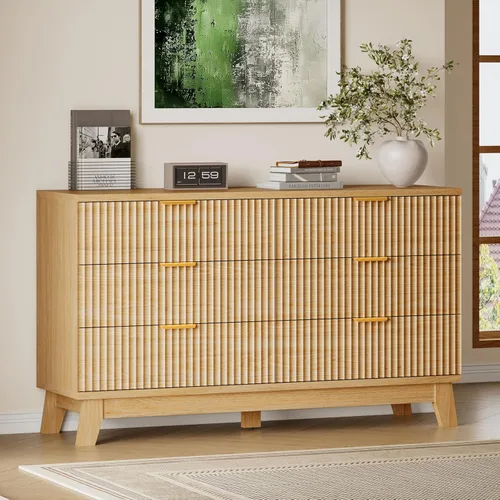 Miniatura 56 de BORNOON Cómoda alta de 46" para dormitorio, cómoda de 6 cajones acanalados, cómoda moderna de madera con almacenamiento profundo, correderas
