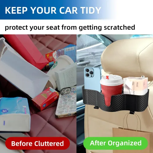 Miniatura 8 de OUSHASAA Organizador de reposacabezas de asiento trasero 3 en 1 con portavasos de asiento trasero de 3.7 pulgadas para automóvil, organizador