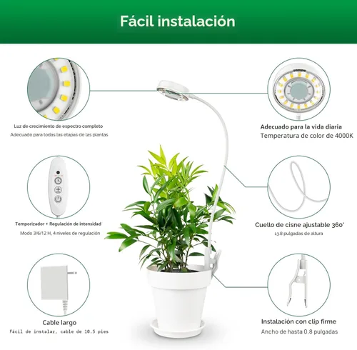 Miniatura 3 de SANSI Luz de cultivo para plantas de interior, lámpara LED de espectro completo con clip con atenuador de 4 niveles, temporizador