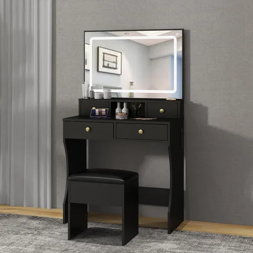 Miniatura 3 de Panana Juego de escritorio de tocador con espejo iluminado LED ajustable, tocador de maquillaje para niñas con taburete y 4 cajones