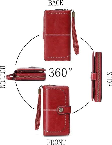 Miniatura 6 de Billetera de cuero para mujer, de gran capacidad, con cremallera, cartera con cremallera para mujer, 1-licor rojo, Moderno