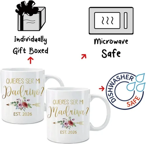 Miniatura 3 de Dnuiyses Quieres Ser Mi Madrina & Quieres Ser Mi Padrino 2026 - Juego de tazas con diseño de lámina dorada Padrinos Bautizo Recuerdos Juego Tazas