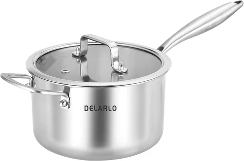 Miniatura 13 de DELARLO Cacerola de Acero Inoxidable Tri-Capa para Todo el Cuerpo de 3 Cuartos con Tapa, Apta para Horno 600℉, Sartén Saucier Resistente de 3