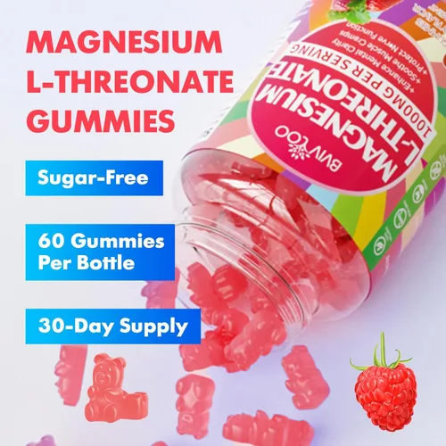 Miniatura 6 de Gomitas de magnesio L-treonato de 1000 mg para adultos, apoyo muscular y del sistema nervioso, vegano, sabor a frambuesa sin azúcar, 60 gomitas