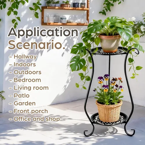Miniatura 5 de Soporte para plantas de metal resistente de 2 niveles Soporte redondo para plantas en maceta para interiores y exteriores, estante de exhibición
