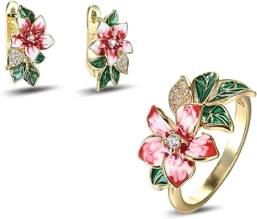 JESMING Juego de joyas coloridas de flores de hoja chapada en oro de 18 quilates con diseño de flores y flores, joyería de esmalte colorido con