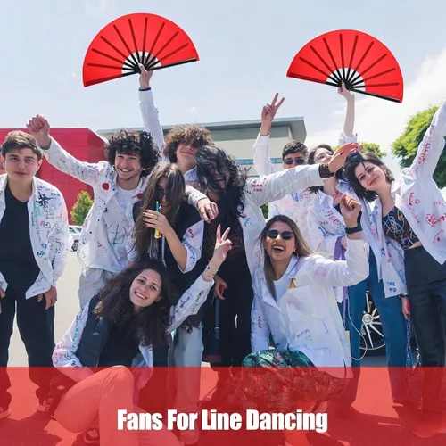 Miniatura 4 de Maitys 2 piezas de abanicos grandes plegables de mano para baile en línea, abanicos grandes de nylon plegables para festival de kung fu chino, Rojo