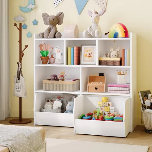 Miniatura 9 de GarveeHome Estante de almacenamiento de juguetes, estantería para niños, estante de lectura con cajones móviles, caja organizadora de almacenamiento