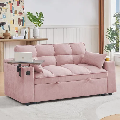 Miniatura 4 de hansones Sofá cama extraíble multifuncional de 66 pulgadas con mesa auxiliar oculta, reposabrazos de almacenamiento, puerto de carga integrado