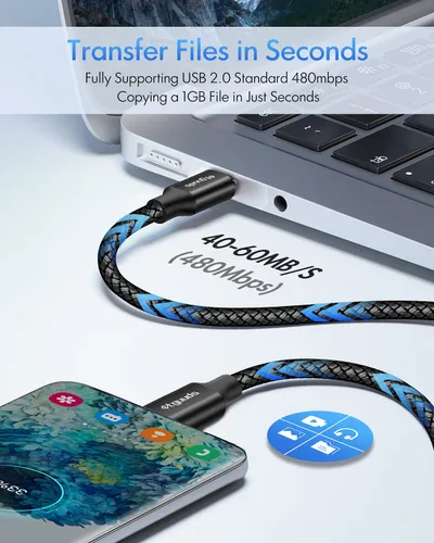 Miniatura 8 de etguuds Cable USB-C a USB-C extralargo - 16 pies/16.4 ft PD 60 W carga rápida, cable de carga de nailon trenzado doble duradero 2.0 - Negro