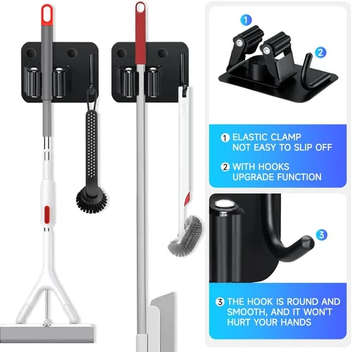Miniatura 5 de JAMEND CLXP Paquete de 2 soportes para escobas con ganchos resistentes, colgador de fregona de acero inoxidable mejorado. Estante de herramientas