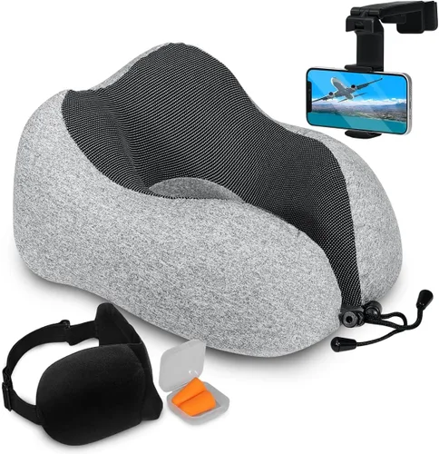 Miniatura 10 de Homeify Kit de viaje en avión, almohada ajustable para el cuello del avión de espuma viscoelástica con soporte para teléfono, máscara de ojos, Gris
