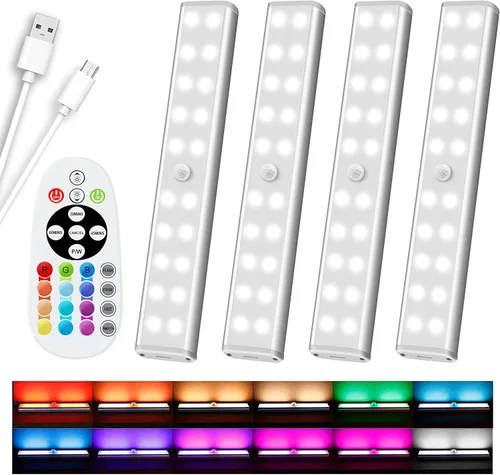 Diomart 48 luces LED inalámbricas para debajo del gabinete, 15 colores intercambiables recargables RGB para debajo del gabinete, control remoto,