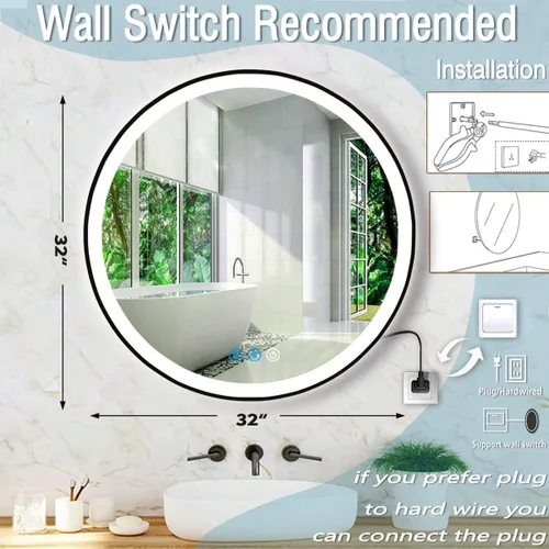 Miniatura 6 de Espejo de baño LED redondo con marco negro de 32 pulgadas, antiempañamiento, memoria inteligente de 3 colores, brillo frontal ajustable de 32