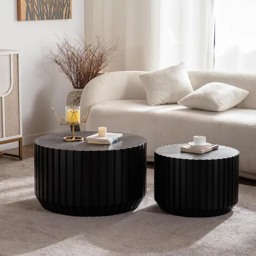 Miniatura 9 de Juego de 2 mesas de centro redondas negras de 55.12 pulgadas, mesa lateral moderna para sala de estar, diseño contemporáneo de círculo de madera