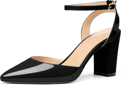 Soireelady Tacones altos gruesos para mujer, tacones puntiagudos, correa al tobillo, sandalias envolventes de charol con diseño recortado, zapatos
