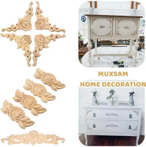 Miniatura 5 de Apliques tallados en madera, 8 piezas de calcomanías de esquina de rosa, tallados de roseta de madera sin pintar para puerta, gabinete, repisas