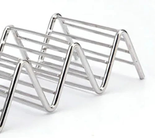Miniatura 8 de TOPINCN Soporte para tacos de acero inoxidable, 3 rejillas en forma de V, bandeja para tacos con taza de salsa, bandeja de metal para servir maíz