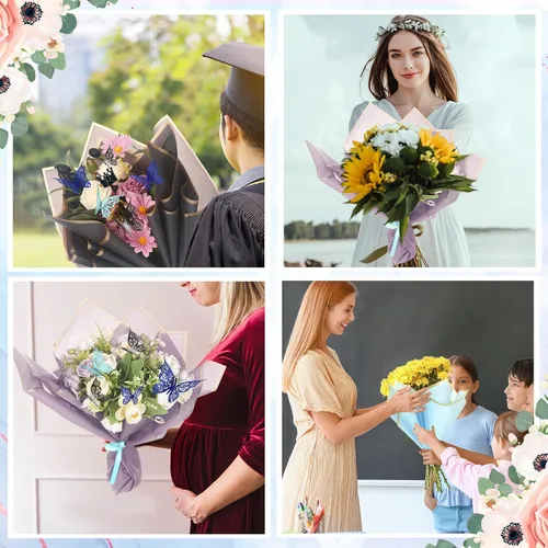 Miniatura 4 de Qilery 243 piezas de papel de regalo para ramo de flores, impermeable, suministros de floristería con decoración de mariposas, coronas, cintas