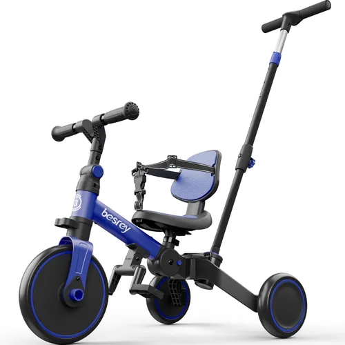 besrey Bicicleta 5 en 1 para niños pequeños con mango de dirección para padres para niñas y niños de 1 a 3 años, triciclo plegable para niños, Azul